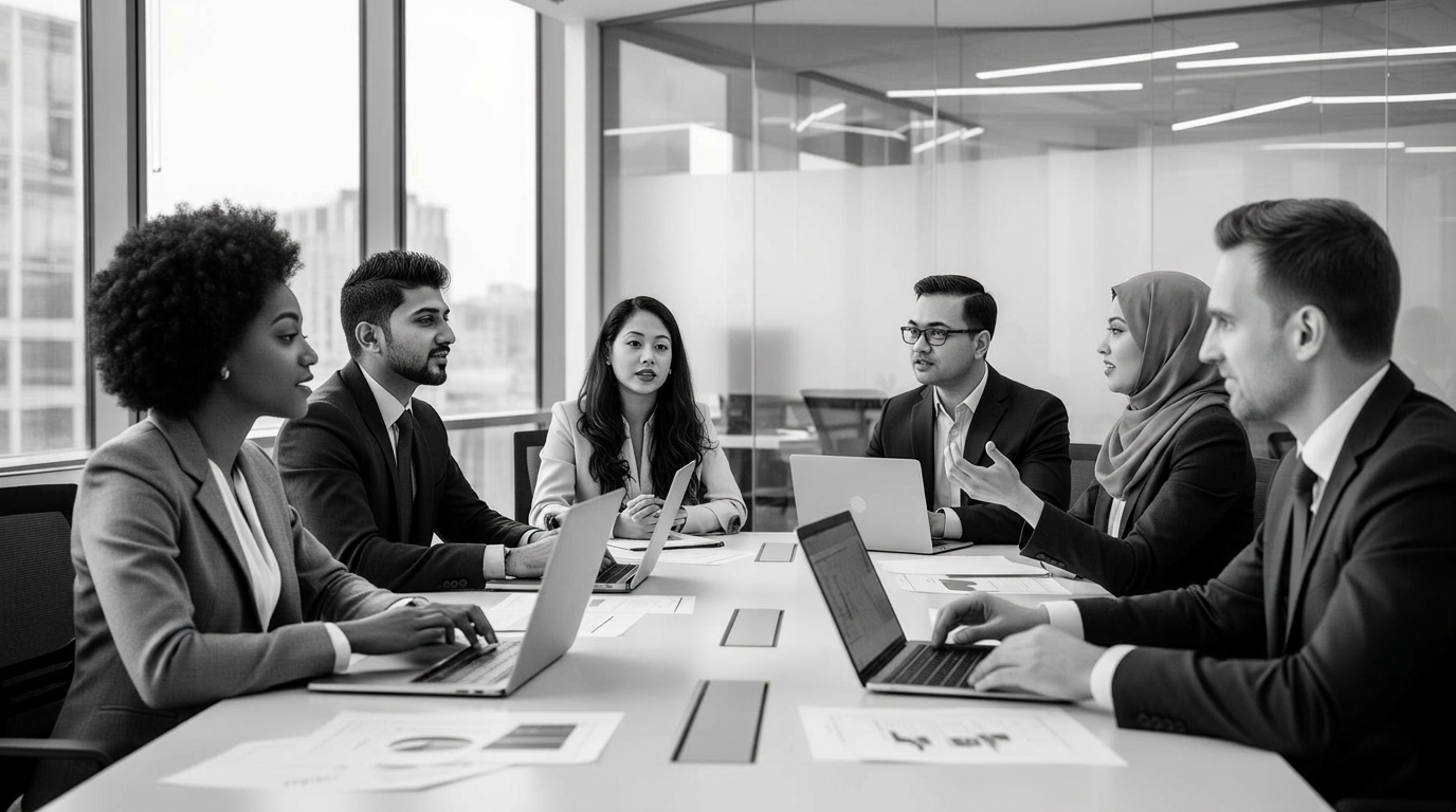 Diverse executives in conversation around a boardroom table